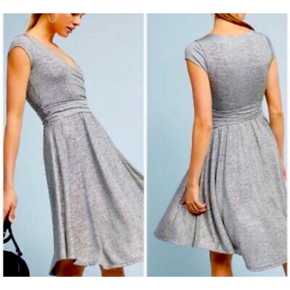 Maeve Anthropologie Dress Metallic Faux Wrap Top size Large SILVER! Stretch!
